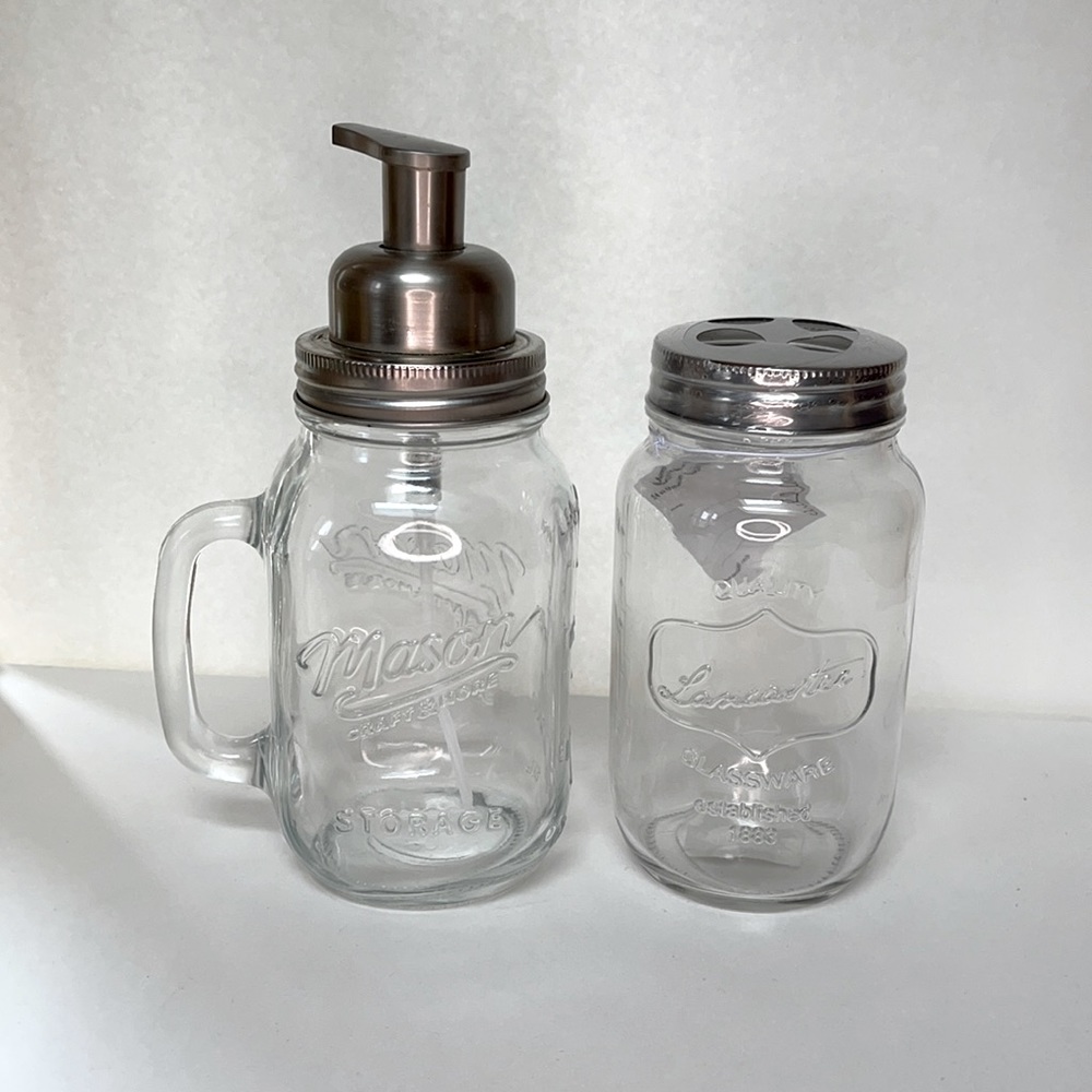 Mason jar glass vanity set foam soap pump and toothbrush holder farmhouse